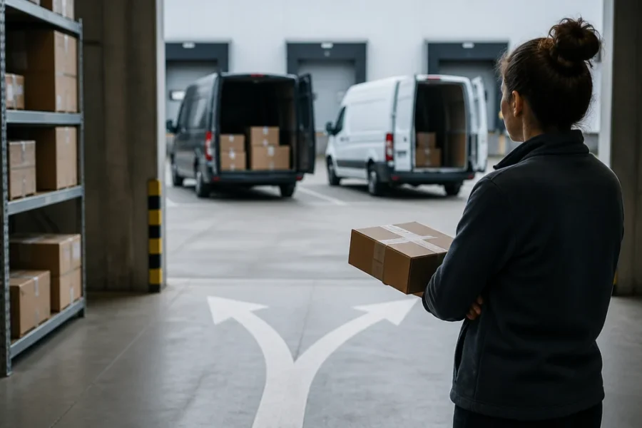 Metáfora editorial sobria dentro de zona de carga o entrega sin marcas que usa espacio, distancia, transición o bifurcación para representar una