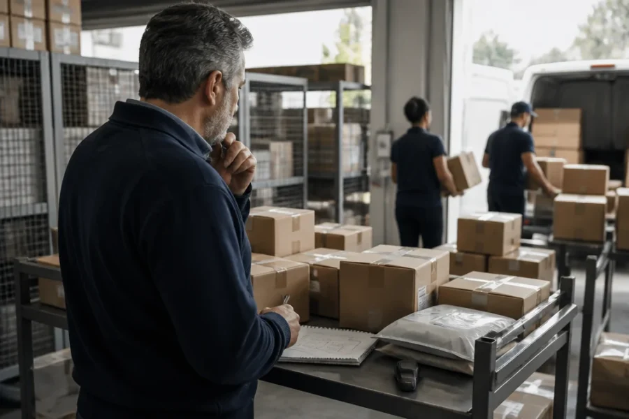 Proceso físico o sistema representado con paquete, área de recepción dentro de zona de recepción o clasificación de paquetes para comparar el estado
