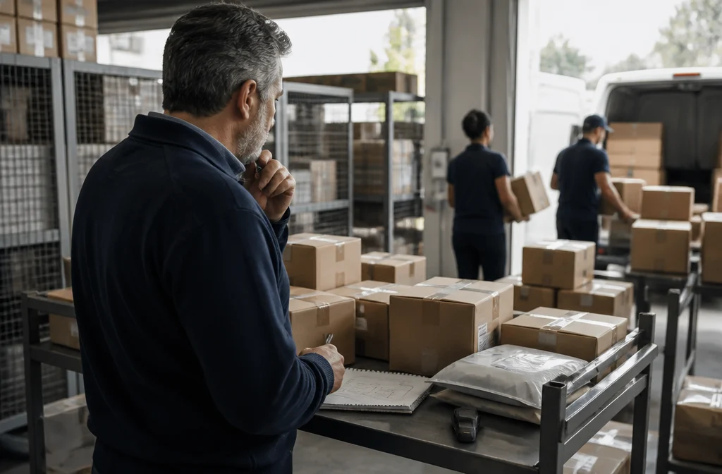 Proceso físico o sistema representado con paquete, área de recepción dentro de zona de recepción o clasificación de paquetes para comparar el estado