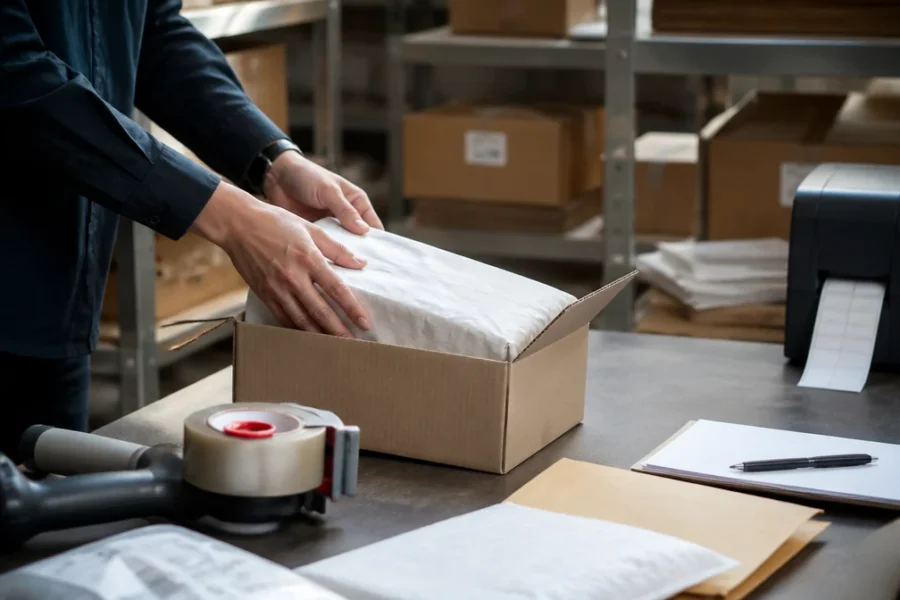Solo manos realizando ordenar materiales y comprobar requisitos previos con área de recepción, paquete en estación de preparación de pedidos; el gesto