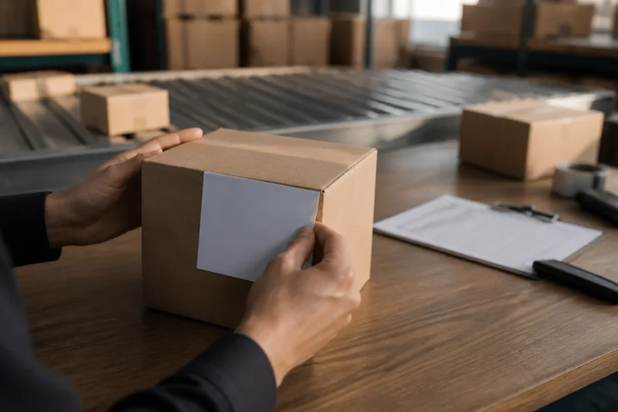 Inspección cercana de etiqueta neutra, paquete, área de recepción dentro de espacio de revisión de etiquetas y rutas sin texto legible para marcar